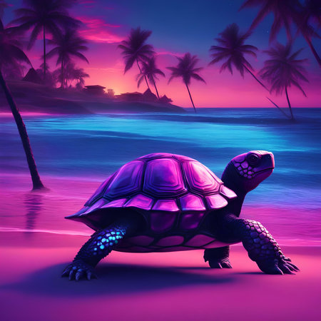 Turtle on the beach at sunset. 3d render illustration.の素材