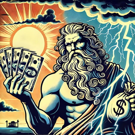 God of wealth with dollar bills. Conceptual illustration about wealth.の素材