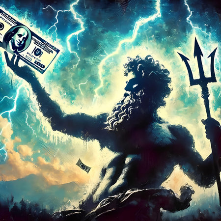 Lion with a dollar bill in his hands against the background of lightningの素材