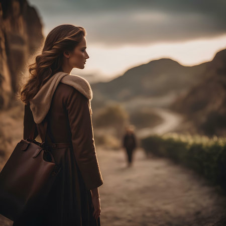 Beautiful young woman in coat with handbag walking on road in mountainsの素材