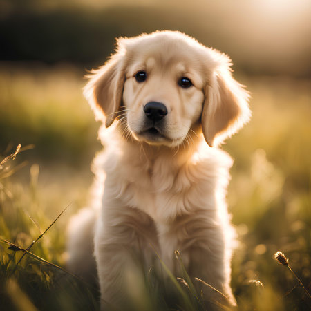 Golden Retriever puppy sitting in the grass in the sunset lightの素材