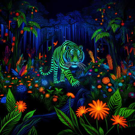 Tiger in the jungle. The illustration on a black background.の素材
