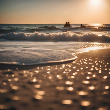 Beautiful sunset on the beach with soft wave and bokehの素材
