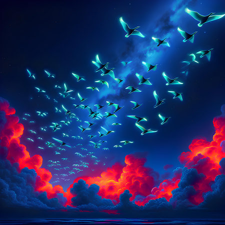 Flaming seagulls flying in the night sky.の素材
