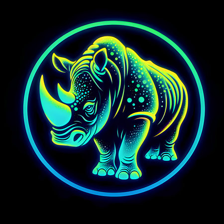 Rhinoceros in neon circle. Vector illustration on black background.の素材