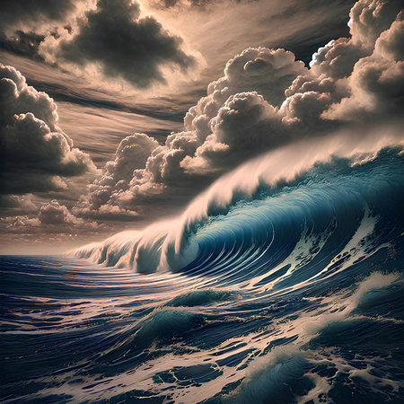 Blue ocean wave with beautiful clouds. 3D illustration. Vintage style.の素材