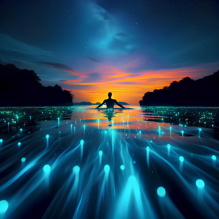 Silhouette of man meditating in lotus position on the lake at sunsetの素材