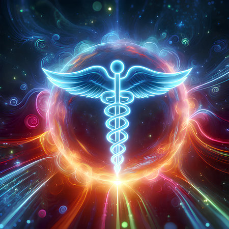 Medical caduceus with wings on abstract background. 3d renderingの素材