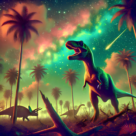 Dinosaur on the background of the starry sky and palm treesの素材