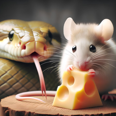 Cute rat and cheese on wooden background, close-up.の素材