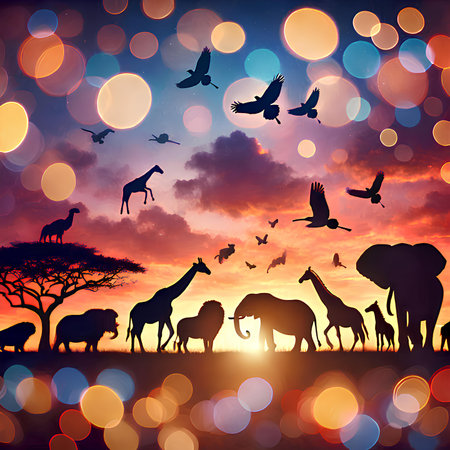 African safari background with bokeh lights and animals silhouettesの素材