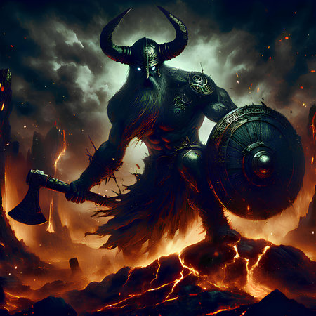 Fantasy illustration of a demon warrior with an ax and a shield.の素材