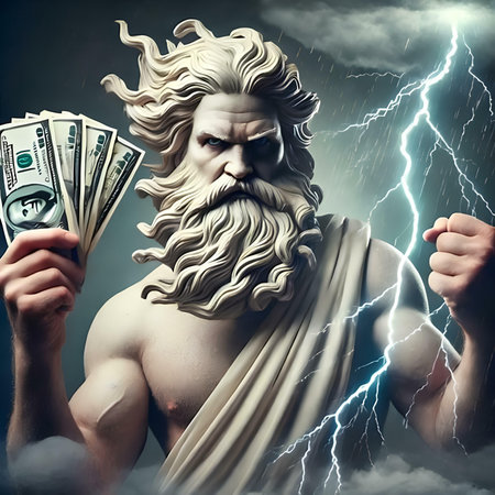 Jesus Christ with money on stormy sky background. 3d illustrationの素材