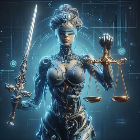 Digital illustration of a female justice goddess with scales of justice and swordの素材