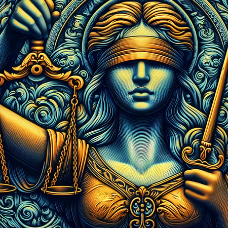 Ancient Greek goddess of justice with scales of justice and sword in her hands. 3d renderingの素材