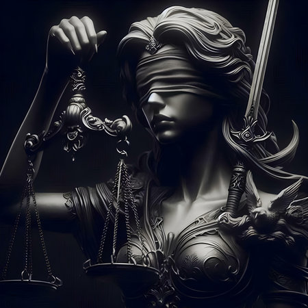 Statue of justice with scales of justice on a black background.の素材