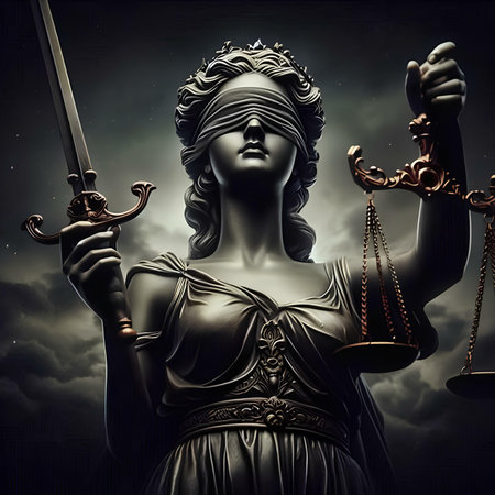 Lady Justice Statue with scales of justice and sword on dark sky backgroundの素材