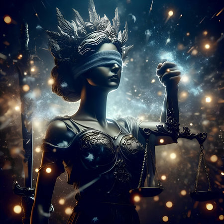 Medieval woman with sword and scales of justice. 3d renderingの素材