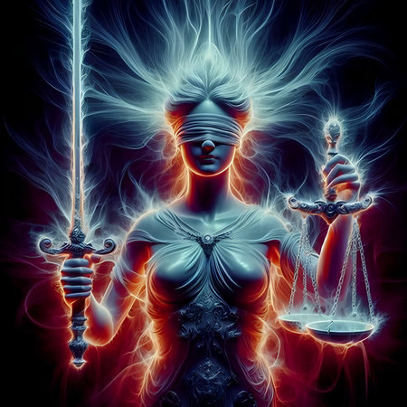 Digital illustration of a female goddess with scales of justice in fire effectの素材