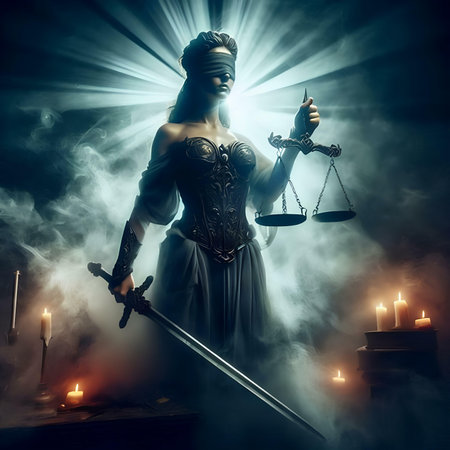 Statue of justice with scales of justice and sword on dark backgroundの素材