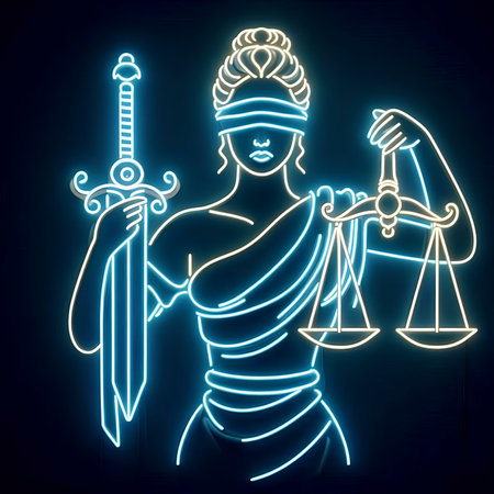Symbol of justice with scales of justice and sword in neon lightの素材