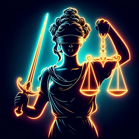 Law and Justice. Lady Justice with Scales of Justice. Neon light vector illustration.の素材