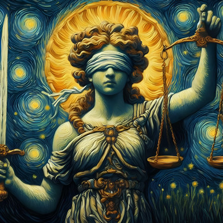 Statue of the goddess of justice with scales of justice on a blue backgroundの素材