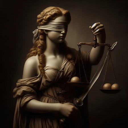 Lady Justice with Scales of Justice on a dark background. 3d renderingの素材