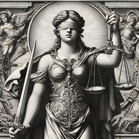 Statue of justice with scales of justice in her hands. Art collage.の素材