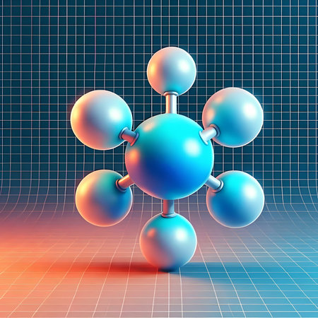 abstract 3d illustration of molecules on a blue background with gridの素材