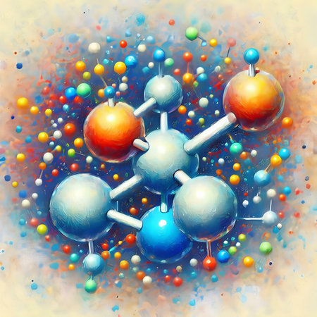 Molecular structure in the form of a molecule on a colorful backgroundの素材