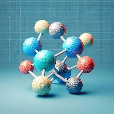 Molecule model on blue background, 3d render. Computer digital drawing.の素材