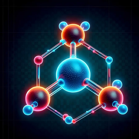Molecular structure on a dark background. Vector illustration in neon style.の素材
