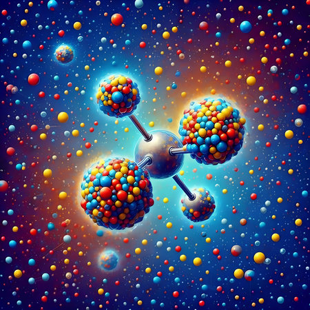 3d render of molecule structure on blue background with colorful spheres.の素材