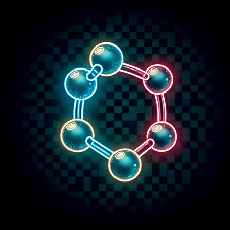 Molecule icon. Vector illustration in neon style on a dark background.の素材