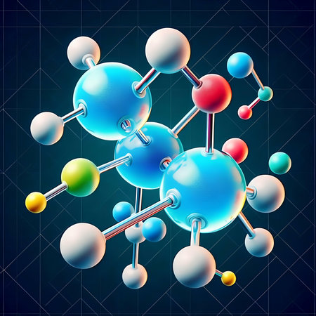 molecular structure on a blue background, 3d illustration.の素材