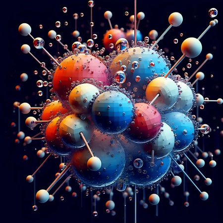 3d illustration of abstract background with blue and orange spheres and ballsの素材