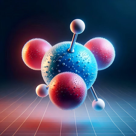 abstract 3d molecule background in blue and red colors, vector illustrationの素材