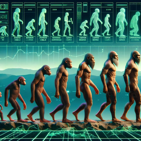 Digital Illustration of a Man Surrounded by Human Evolution and Human Evolutionの素材