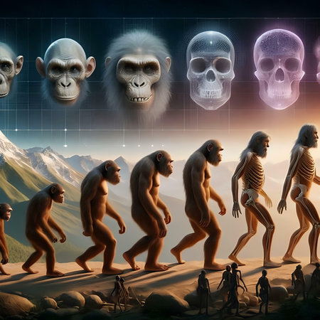 Human evolution from monkey to skeleton. 3D illustration. Elements of this image furnished by NASAの素材