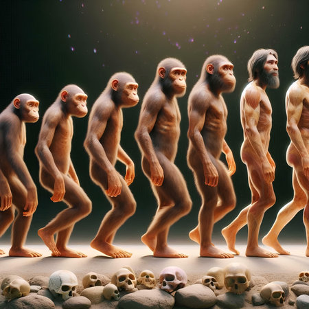 3d rendering of a group of monkeys with human body in the backgroundの素材