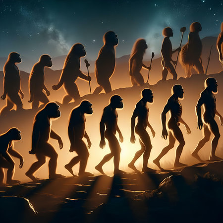 Primitive people walking in a desert. 3D illustration. Fantasy.の素材