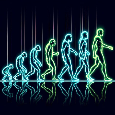 Group of running people in neon light on dark background. Vector illustration.の素材
