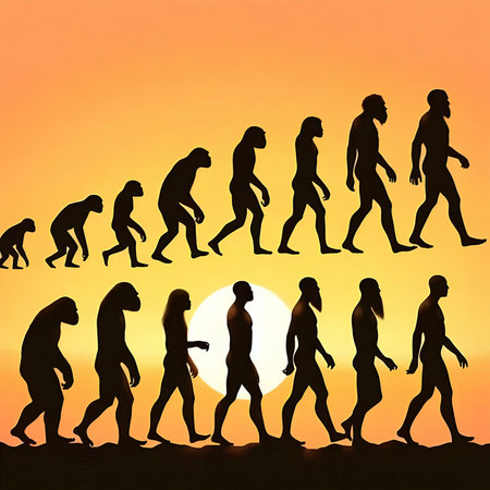 Monkey evolution, evolution and evolution concept. Silhouette of a man and womanの素材