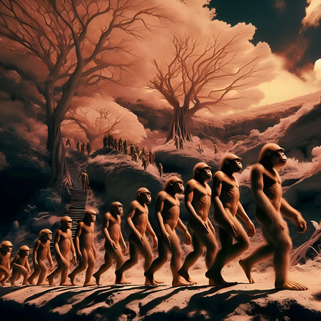 Digital illustration of a group of people walking in a surreal landscape.の素材