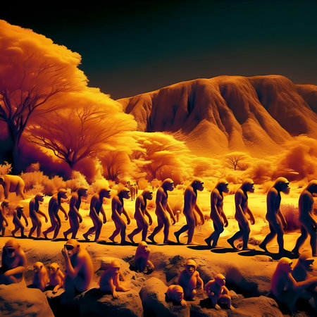 Primitive people walk in the desert. 3d rendering. Computer digital drawing.の素材
