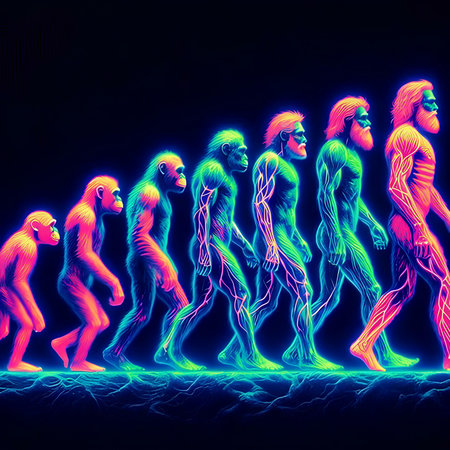 Group of running people in neon light. Conceptual illustration for sport.の素材