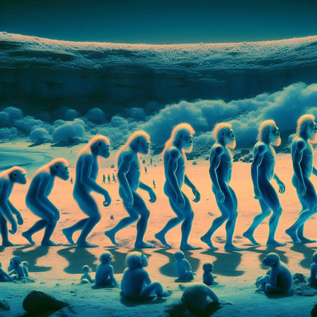 Surrealistic 3D rendering of a group of people running in the oceanの素材