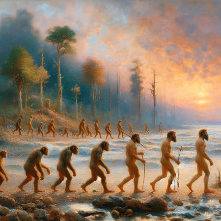 Surreal painting of a group of monkeys in the jungle at sunsetの素材
