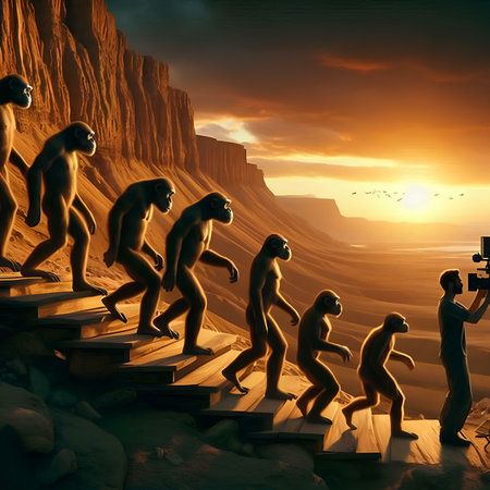 Concept or conceptual 3D illustration of a group of people climbing a stair over a cliff at sunsetの素材